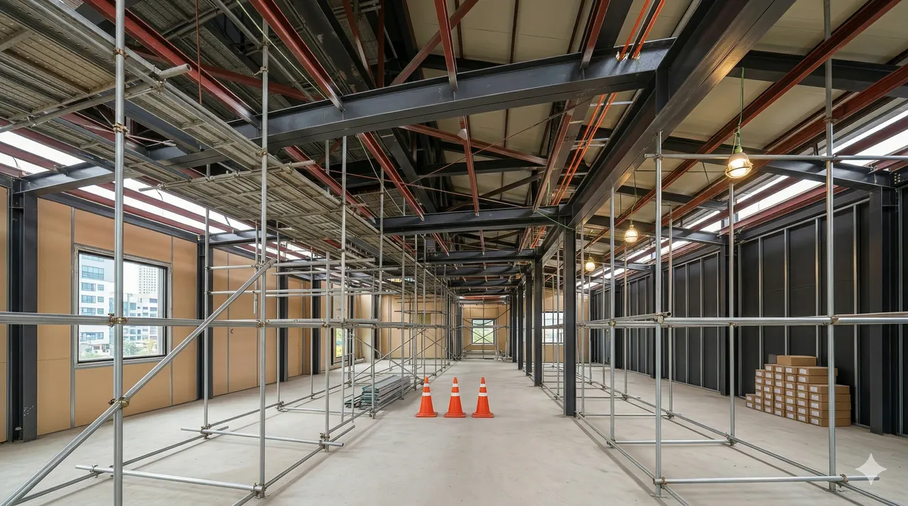 건물 외곽 비계 시공 현장